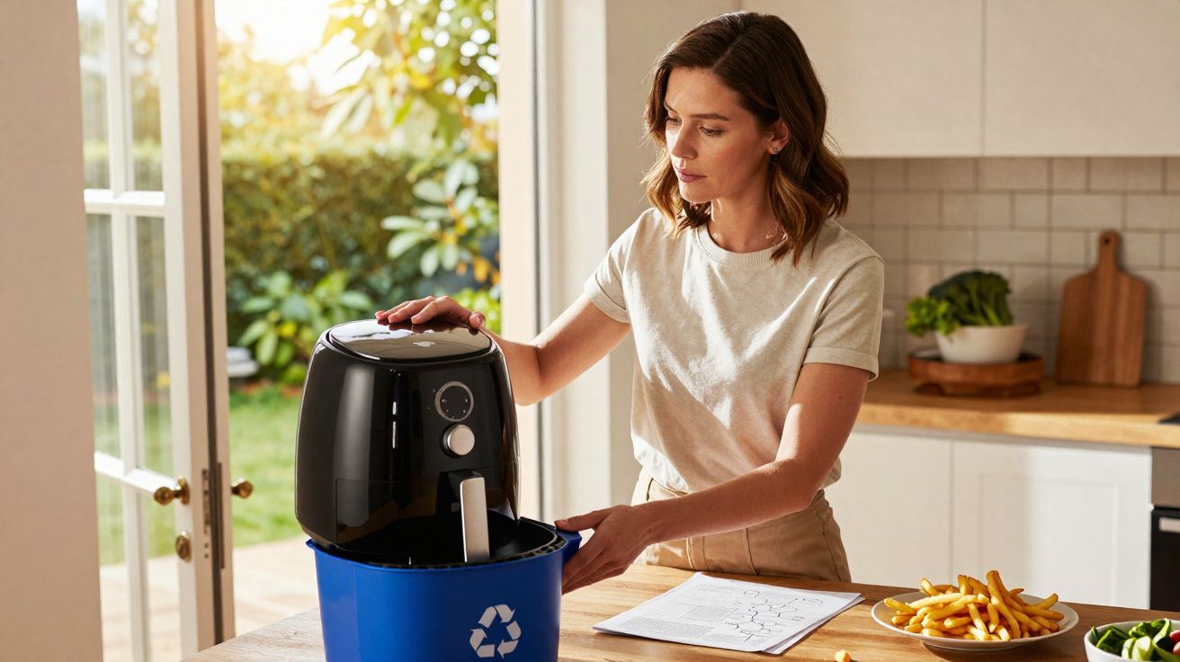 Mulher desfazendo uma fritadeira elétrica para reciclagem em cozinha iluminada.