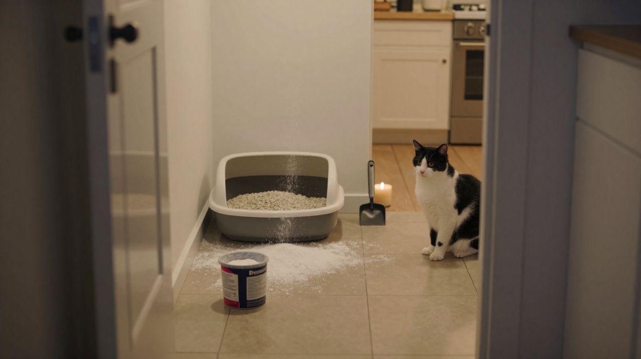 Gato preto e branco sentado perto de caixa de areia com areia espalhada no chão de azulejo.