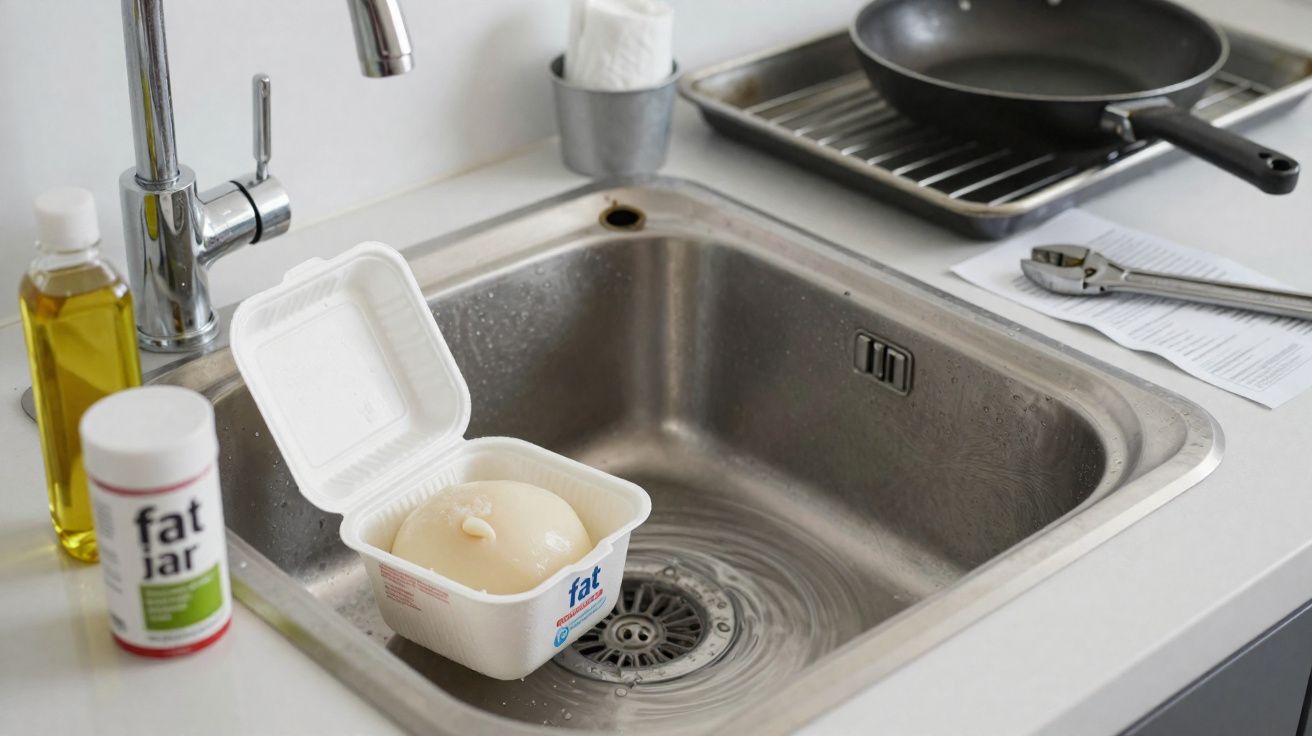 Pia de cozinha com água corrente, pote de gordura na pia, óleo, suplemento e frigideira na bancada.