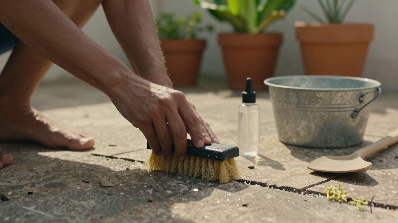 Pessoa limpando fresta de piso com escova, com balde, borrifador e pá ao fundo.