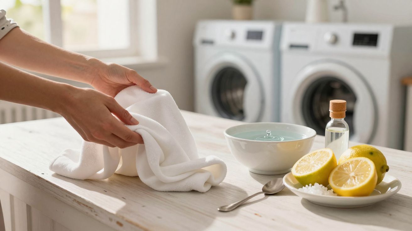 Mãos segurando pano branco sobre mesa com ingredientes naturais para limpeza e máquinas de lavar ao fundo.