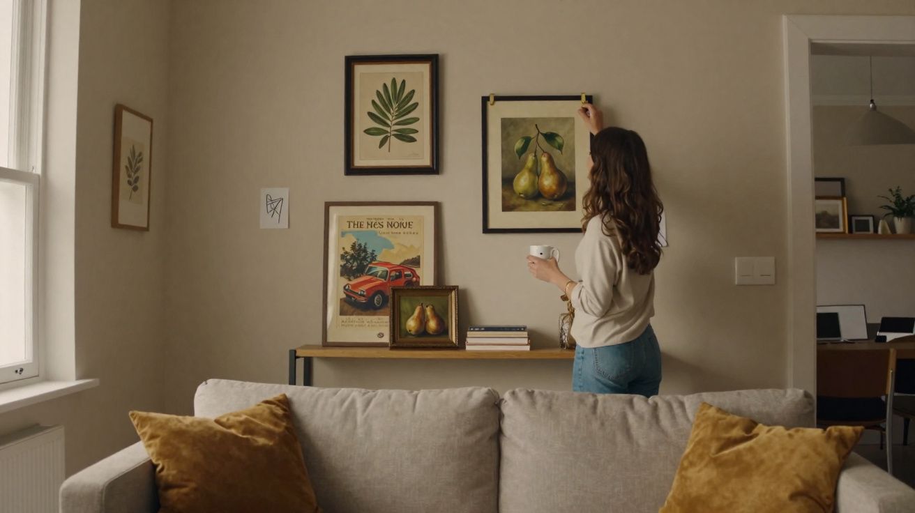 Mulher organizando quadros na parede de sala com sofá cinza e almofadas mostarda.