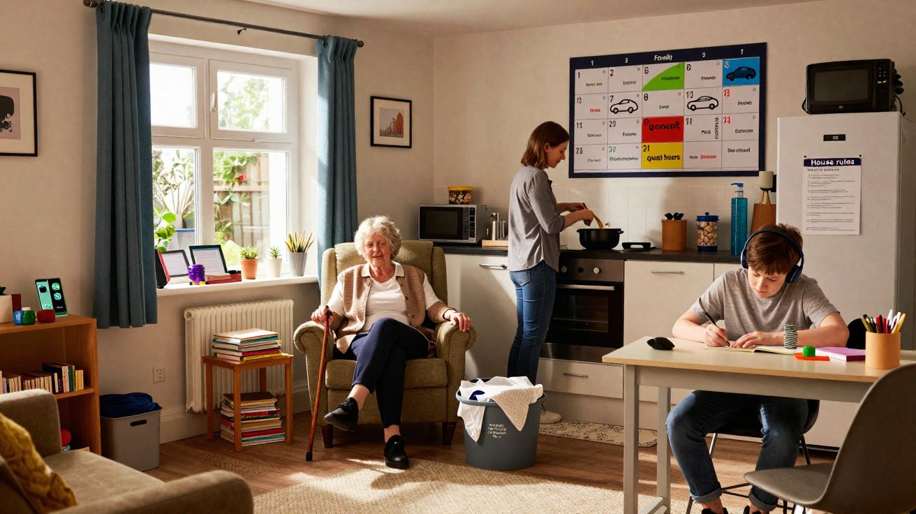 Sala de estar com janela, idosa sentada, mulher cozinhando e garoto estudando de fones de ouvido na mesa.
