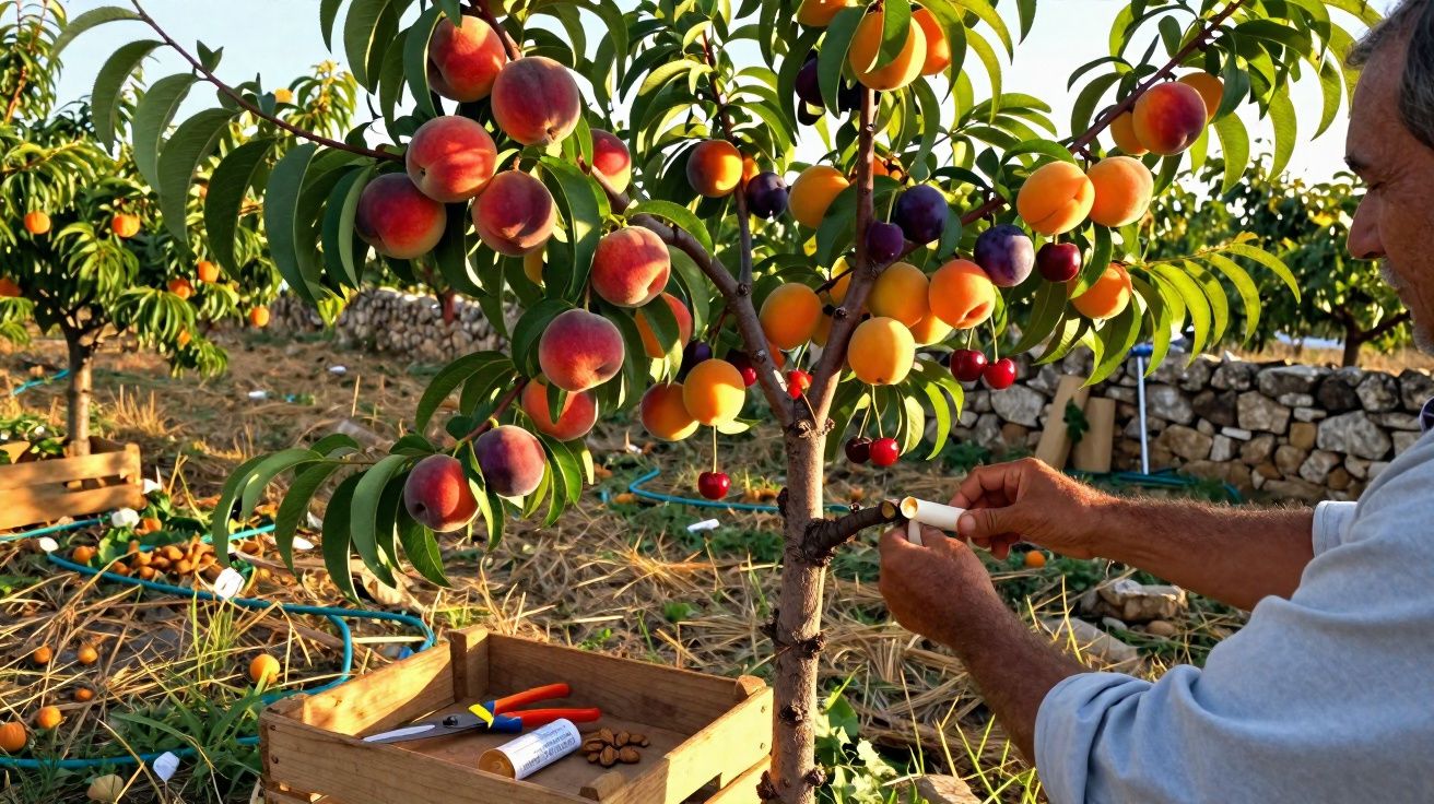 Homem cuidando de pessegueiro com frutas maduras em pomar ao ar livre durante o dia.