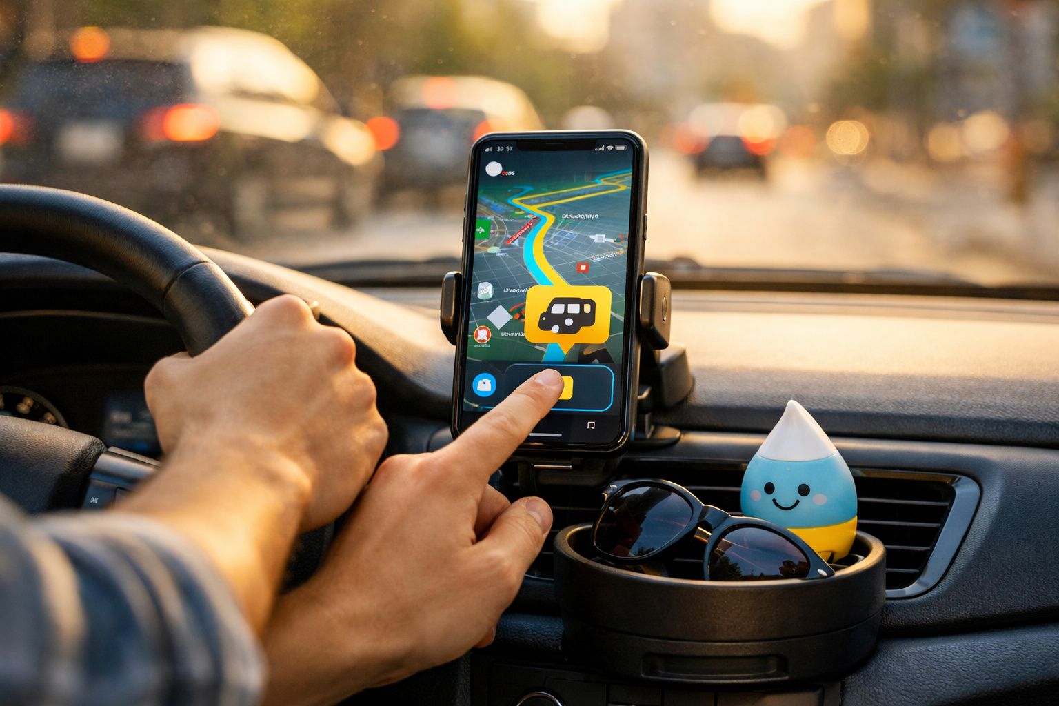 Pessoa usando aplicativo de navegação no celular fixado no painel de um carro em movimento.