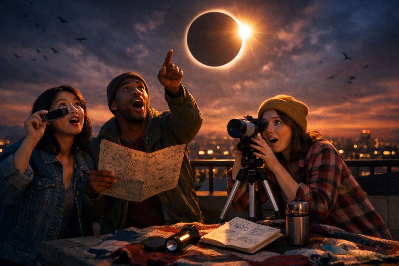 Três pessoas observando um eclipse solar com mapa, luneta e óculos especiais ao entardecer na cidade.