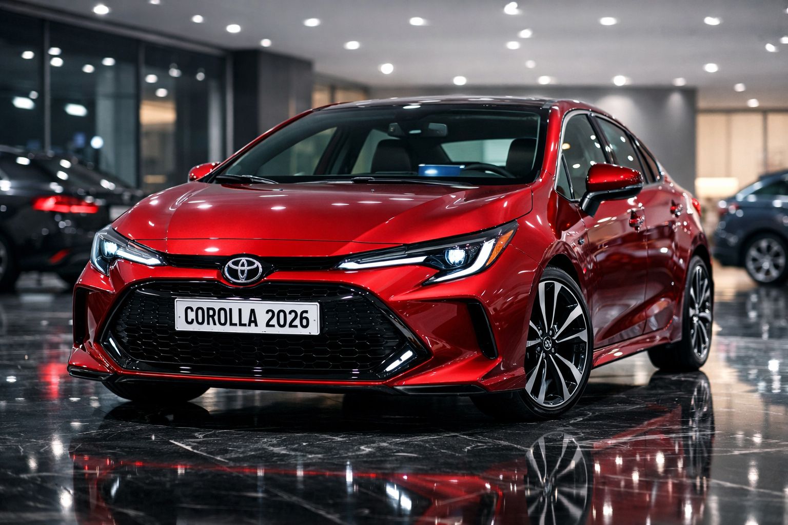 Carro Toyota Corolla 2026 vermelho em showroom com reflexo no piso brilhante e iluminação ambiente moderna.