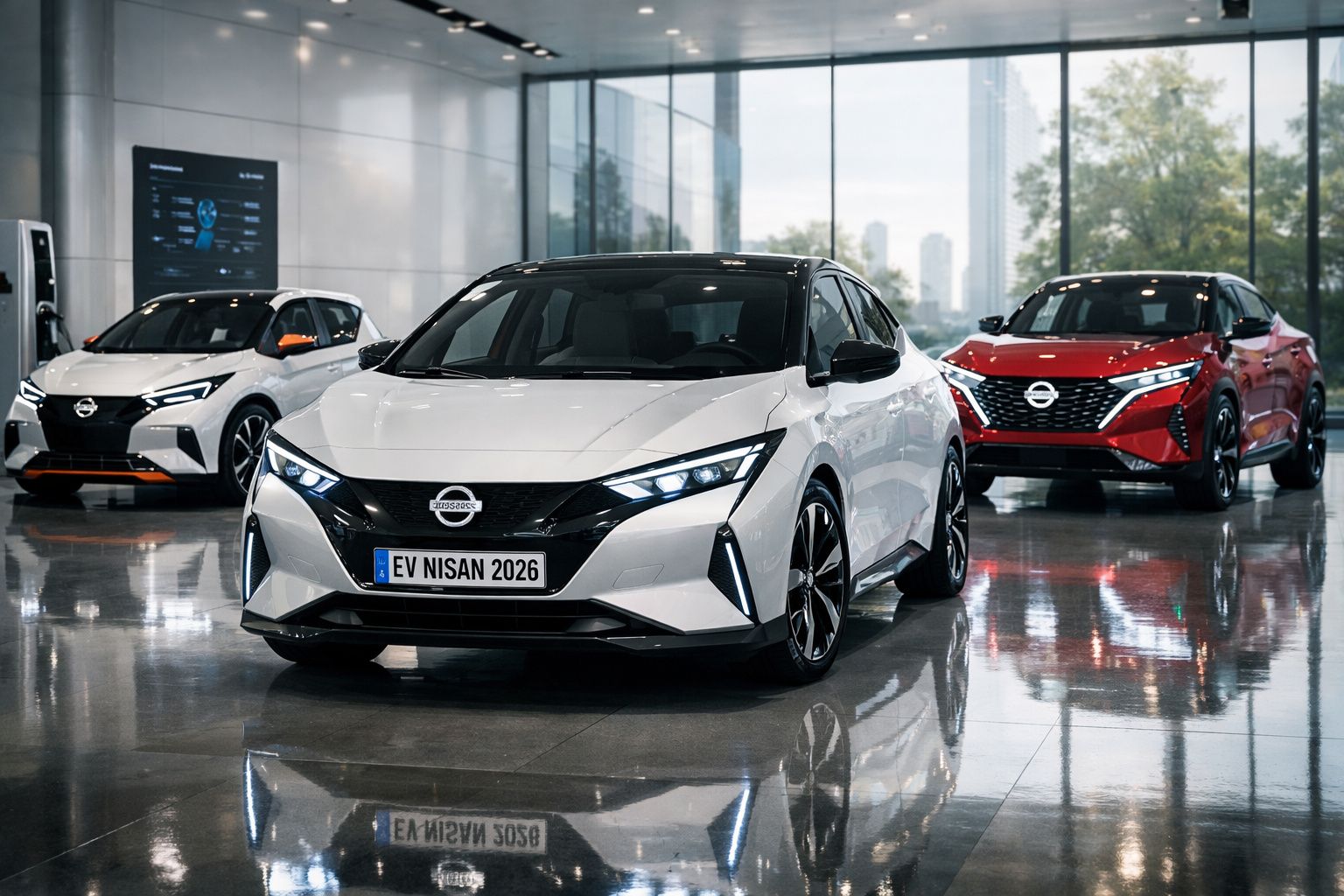 Três carros Nissan elétricos em exposição, com destaque para o modelo branco no centro, em ambiente moderno.