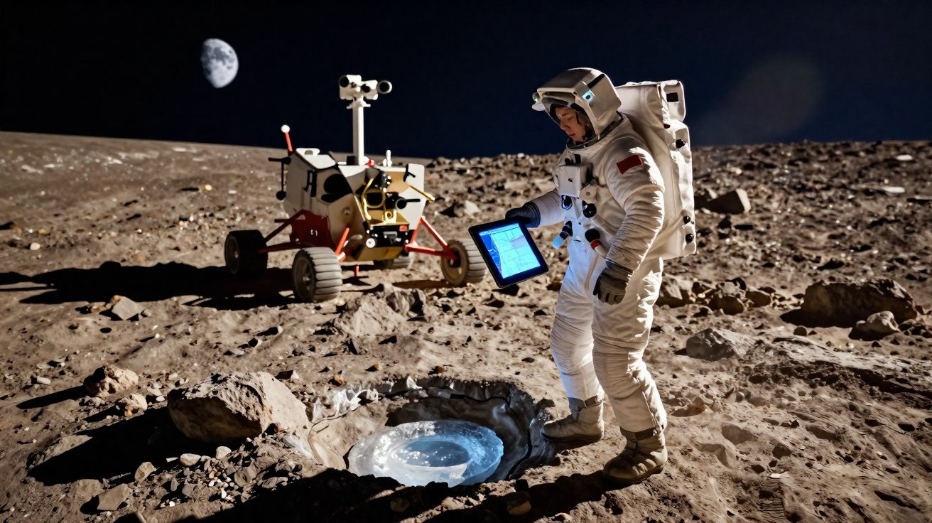 Astronauta em traje completo analisa amostra lunar próxima a veículo rover na superfície da Lua.